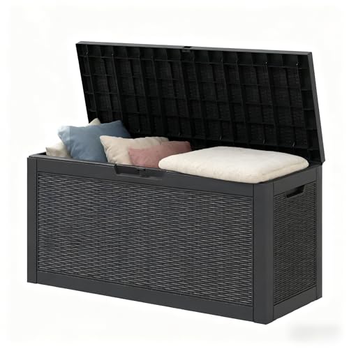 Outdoor Storage Box, Resin Deck Boxes Indoor and outdoor, Waterproof Storage Box Lockable Lid (Black, 60 Gallon) - color: Rattan Black, style: 60 Gallon
