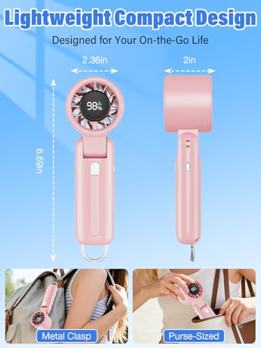 AI Handheld Fan Turbo, 100-Speed Portable Fan Rechargeable, Mini Fan with 12800 RPM Strong Airflow, Foldable 4-in-1 Personal Fan for Travel, Camping, Beach & Office, USB-C & Lightweight & Quiet - color: Pink