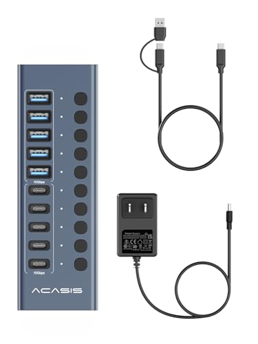 ACASIS 10 Ports Powered USB 3.2 Hub (5 USB-A 3.2 +5 USB-C 3.2), 10Gbps | Individual On/Off Switch for Each Port • Aluminum Housing • Better Heat Dissipation • Plug & Play • 48W Power Adapter - size: 10 Ports