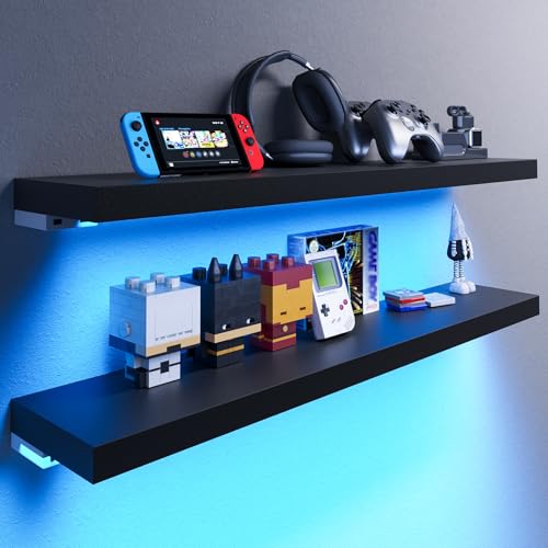 BAMEOS RGB LED Floating Shelves for Wall, 35" Wall Mounted Wooden Shelves with Invisible Brackets, Set of 2, Hanging Wall Shelves for Bedroom, Living Room, Kitchen, Study(Black) - color: Black-rgb, size: 35 x 7