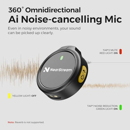 NearStream Wireless Lavalier Microphone for iPhone, Android and PC, AWM25T | Noise Cancellation, Up to 24-Hour Total Battery Life, Lightning and USB-C Plug-and-Play for Vlogging and Interviews