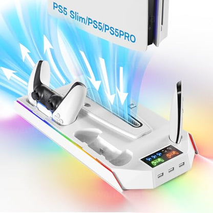 PS5 Cooling Station Stand RGB with Dual Controller Charging Station for PlayStation 5 Console, PS5 Accessories Incl. Controller Charger, Cooling Fan, Headset Holder, 3 USB Hub - color: color-white