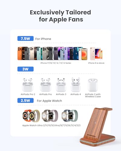 Wireless Charging Station: GEEKERA 3 in 1 Foldable Wireless Charger Stand for iPhone 17/16/15/14/13/12/11/Pro Max/X/8, Charging Station for Apple Watch Ultra/SE/11/10/9/8/7/6/5/4, AirPods 4/3/2/Pro - color: Dark Wood