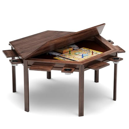 Board Game Table, 59" Hexagon Gaming Table with Removable Table Top & Play Mat for 6 Players, Includes Detachable Cup Holders and Trays for Dining, Card, DND, Poker in Walnut - size: Hex Table