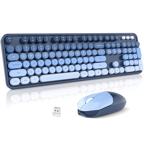 Wireless Keyboard and Mouse Combo, 2.4GHz Gradient Colorful Full-Size Retro Typewriter Keyboard with Wireless Mouse for PC/Desktop/Laptop/Windows (Azure Blue) - color: Azure Blue