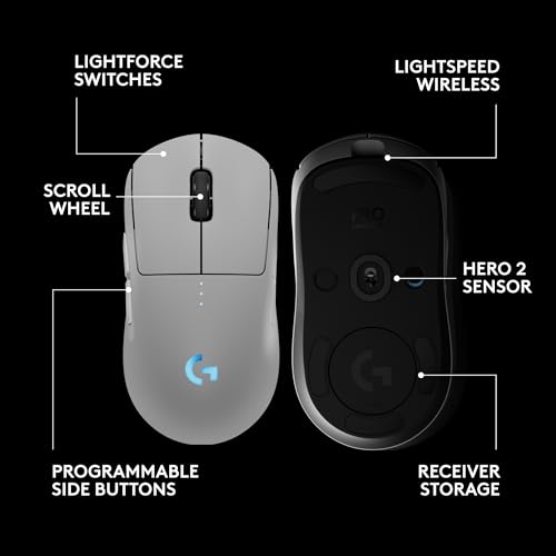 Logitech G PRO 2 Lightspeed Ambidextrous Wireless Gaming Mouse - White | Symmetrical design, <4 customizable magnetic side buttons, USB-C charging, PowerPlay Wireless Charging Supported, For PC/Mac - color: White