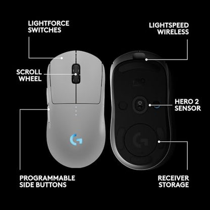 Logitech G PRO 2 Lightspeed Ambidextrous Wireless Gaming Mouse - White | Symmetrical design, <4 customizable magnetic side buttons, USB-C charging, PowerPlay Wireless Charging Supported, For PC/Mac - color: White