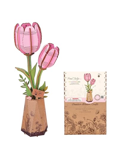 3D Flower Wooden Puzzles for Adults-Pink Tulip, DIY Wooden Flowers Model Kit Building Set Crafts for Adults to Build, Botanical Collection/Ideal Creative Gift Ideas/Housewarming (72PCS) - style: TW - Pink Tulip