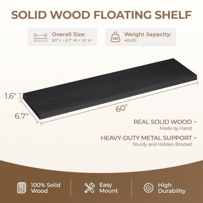 60 inch Long Black Floating Shelves Set of 1 | Solid Wood Large Wall Shelves with Invisible Brackets for Living Room, Bedroom, Bathroom, Kitchen, Laundry Room (Black, 60 Inch) - color: Black, size: 60 Inch set of 1
