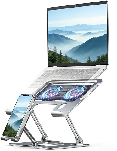 Laptop & Phone 2-in-1 Cooling Stand with Silent Fan, Adjustable Height & Angle, Carbon Steel Foldable Laptop Riser, Gaming Laptop Cooler Pad for Laptops Up to 18 Inch (Silver) - color: Silver
