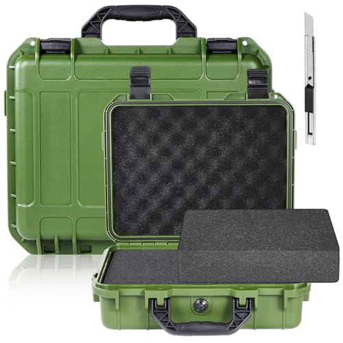 Relaxweex 1 Pcs Waterproof Hard Case with DIY Customizable Foam Insert Portable Protective Case with Knife for Camera Drones Equipments Tools Test Instruments(Green,14.3 x 11.4 x 4.5 Inch) - color: Green, size: 14.3 x 11.4 x 4.5 Inch