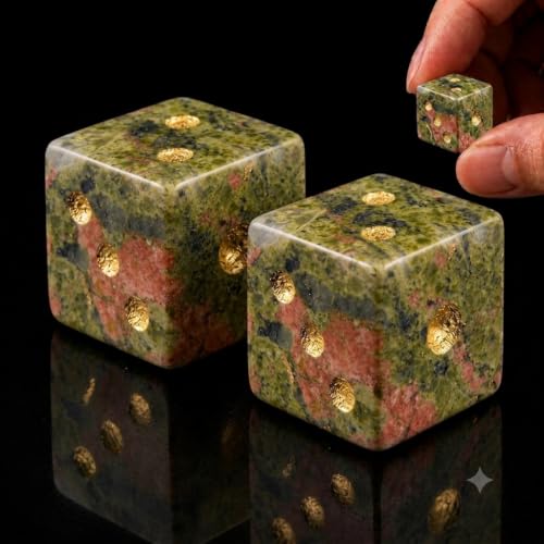 2PCS Crystal D6 Dice, 16mm Natural Gemstone Mahjong Dice Set Stone Dice for Games, Accessories, Tabletop Board Games, Casino Games, Craps, DIY Crafts, Spiritual Decor and Home Decor - color: D6-unakite