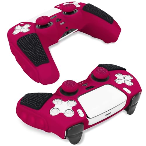 SIKEMAY Anti-Slip PS5 Controller Skin, Soft Thicken Non-Slip Studded Silicone Gel Grip Protective Cover Case for PlayStation 5 Controller Grip, 2 Pack with 8 x Thumb Grip Caps - color: Cosmic Red-Black