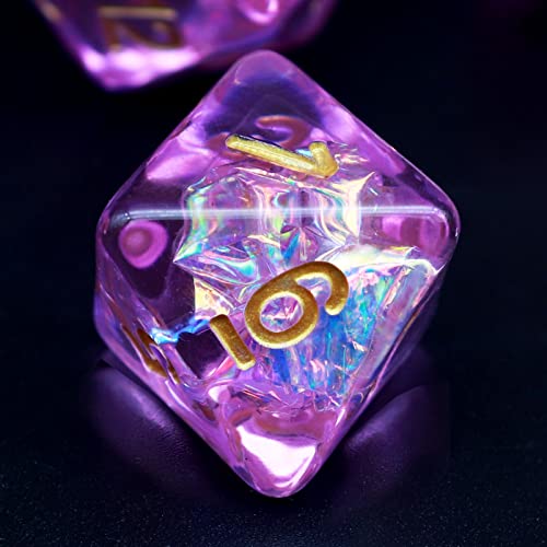 Haxtec Purple DND Dice Set 7PCS Resin Polyhedral D&D Dice with Bag, Iridescent Mylar Inclusion Dice for Roleplaying Games Compatible with Dungeons and Dragons Gift - color: Light Purple