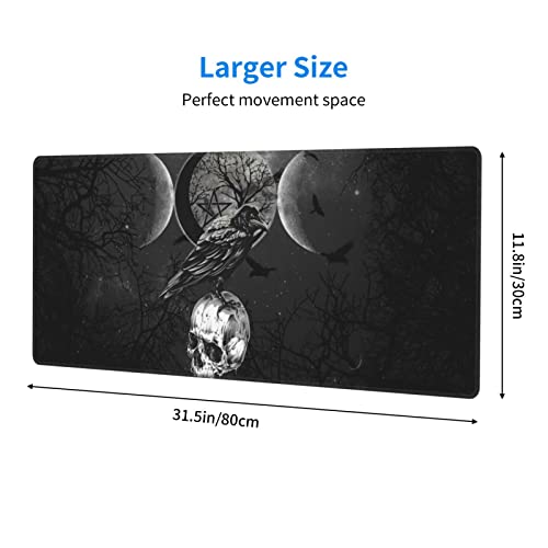 Triple Moon Mouse Pad XL Extended Desk Mat, Computer Mousepad | Triple Moon Crow Skull Galaxy Halloween Non Slip Rubber,Stitched Edge, Gaming Pc Large Mice Pad 31.5 x 11.8 Inch - color: Black24