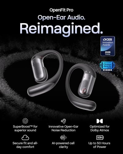 SHOKZ OpenFit Pro Open-Ear Earbuds with Noise Reduction, Dolby Atmos, Black | Bundle with Gym Bag; Deep Bass, 50H Playtime, AI call clarity; Bluetooth 6.1; IP55 Secure all-day fit; Gym/Office/Cafe use - color: Black