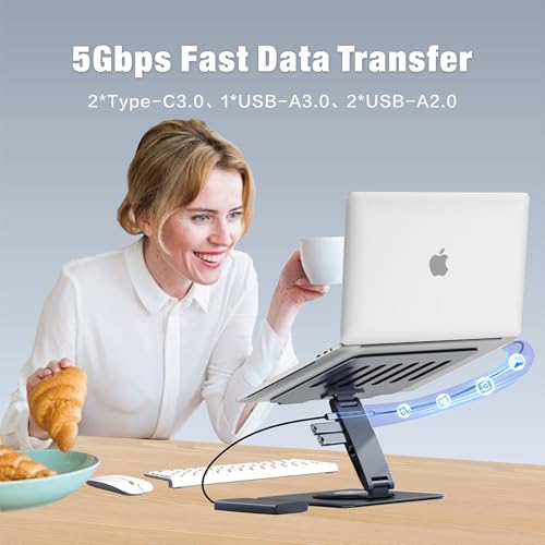 Adjustable Laptop Stand for Desk with Docking Station 11-in-1, Aluminum Laptop Riser with USB Hub 360°Swivel Dual Display 4K60Hz HDMI Gigabit Ethernet USB3.0 PD100W for MacBook Pro Air/Dell/HP 7-15.6" - size: 11-in-1 Hub Laptop Stand