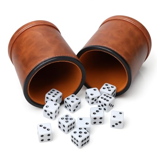 Brown PU Leather Dice Cup Set, Felt Lined Dice Shaker with 6 Dice for Liars Farkle Yahtzee Game, 2 Pack - color: Patterned Brown