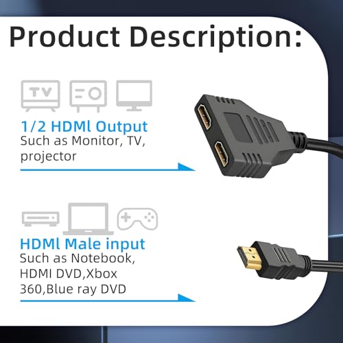 2Pcs HDMI Cable Splitter 1 in 2 Out HDMI Adapter Cable, 1080P Version 1.4 Supports Dual Port Switch for HDMI Male to Dual HDMI Female Adapter