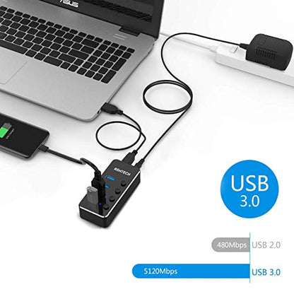 Powered USB Hub, RSHTECH 4 Port USB 3.0 Hub Splitter Portable Aluminum USB Data Hub Expander with Individual On/Off Switch and Universal 5V AC Adapter, 3.3ft USB 3.0 Cable (RSH-516) - size: 4-Port Powered USB Hub