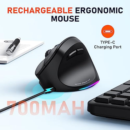 MEETION Ergonomic Mouse Wireless, RGB Backlit Vertical Mouse, 4 Adjustable DPI Rechargeable Mice for Bluetooth(5.2 + 3.0) & USB, for Mac/Windows/PC/Tablet/iPad, Black - color: Right Black