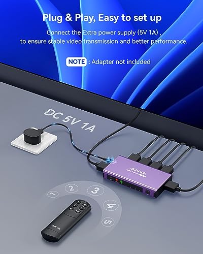 HDMI Switch 5 in 1 Out 4K@60Hz, GANA HDMI Splitter Switcher with Remote, Aluminum HDMI 2.0 Switch Box Hub for 3D, HDCP2.2, HDR, Compatible with Xbox, PS5/4/3,Fire Stick,Roku,Blu-Ray Player, Purple - color: Purple