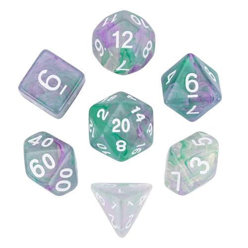 7-Die DND Dice Set Polyhedral Dice Set with a Leather Dice Bag, D&D Dice Set for RPG Table Games (Transparent Green Mix Purple) - color: Green Mix Purple