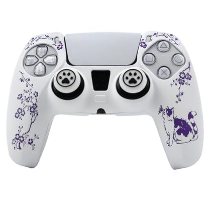 Cat Among Blossoming Branches Controller Skin Cover Compatible with PS5/Playstation 5 Controller, RALAN Protector Case Customised Thumb Grip - color: Cat White Purple
