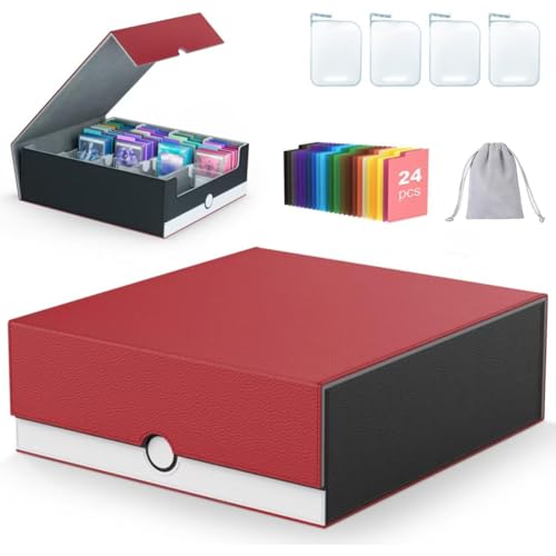 4-Row【3200+】 Trading Card Storage Box, Card Organizer Holder with 24 Dividers, Case Fit for MTG TCG Magic Commander Deck Playing Cards, Deck Box for Sport Card - color: Red + White, size: 3200+
