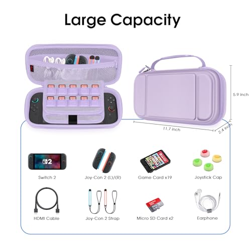 FINTIE Carrying Case for Nintendo Switch 2 (2025), Shockproof Hard Shell Switch 2 Case, Protective Cover Travel Bag with 19 Game Card & 2 Micro SD Card Slots & Inner Pocket, Lilac Purple - color: Lilac Purple