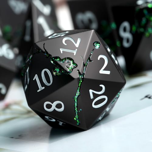 Glitter Green DND Metal Dice, DNDND 7 PCS Flower Metallic DND Dice Set with Gorgeous Gift Case for Dungeons and Dragon Tabletop Game (Matte Black with Glitter Green Flower) - color: Flower Glitter Green