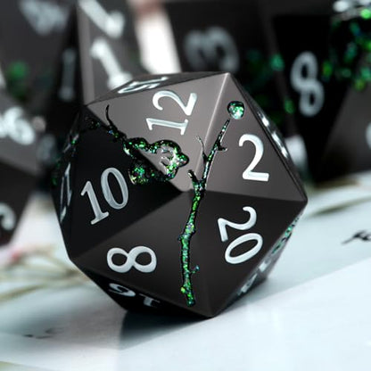 Glitter Green DND Metal Dice, DNDND 7 PCS Flower Metallic DND Dice Set with Gorgeous Gift Case for Dungeons and Dragon Tabletop Game (Matte Black with Glitter Green Flower) - color: Flower Glitter Green