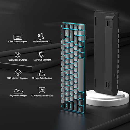 MageGee Portable 60% Mechanical Gaming Keyboard, MK-Box LED Backlit Compact 68 Keys Mini Wired Office Keyboard with Blue Switch for Windows Laptop PC Mac - Grey/Black - color: Grey/Blue Switch