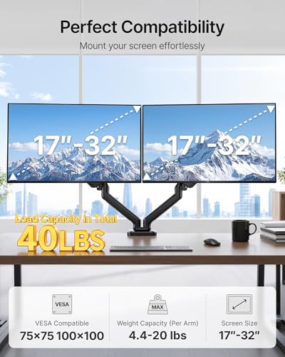 monTEK Dual Monitor Arm for 17-32" Flat/Curved Screen up to 19.8 lbs | Mechanical spring, full motion dual monitor mount, height adjustable, alloy steel, easy assembly, clamp/grommet, VESA 75/100 - size: Dual Arm