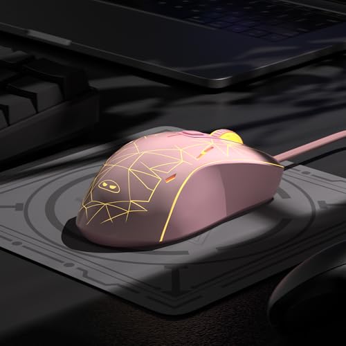 Wired Gaming Mouse, 7 Colors Breathing LED Backlit Gaming Mouse, 6 Adjustable Speeds, Ergonomic Optical Computer Mouse with 7 Buttons for Windows PC Gamers, Pink - color: Pink
