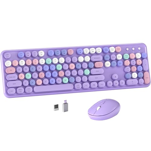 MPTOG Colorful Wireless Computer Keyboard and Mouse Combo (Purple-Colorful) | Retro Round Typewriter Keycaps, Power Switch, Ergonomic Design, 2.4GHz Wireless for Windows, Mac, PC - color: Purple-Colorful