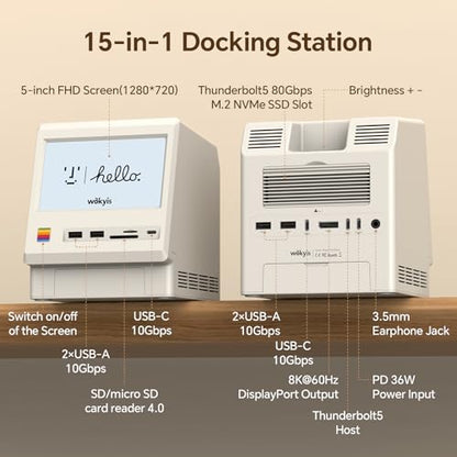 M5 Retro Dock Station for Mac mini M4 Pro, 80Gbps M.2 NVMe SSD Enclosure with Cooling Fan, Compatible for Thunderbolt 5/4/3/USB 4, 5'inch HD Display, SD/Micro SD Reader 4.0, 8K@60Hz Displayport - style: 80Gbps