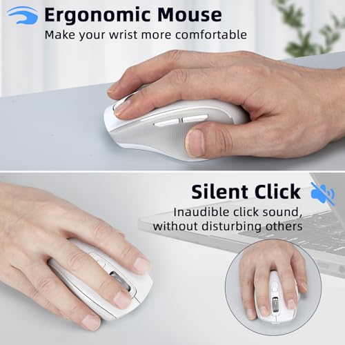 Wireless Bluetooth Mouse with USB-A, USB-C Receiver, Rechargeable, 3-Device, Full-Size, Silent Click, Ergonomic Mice for MacBook/Laptop/Computer/Tablet/PC/iPad (White) - color: White