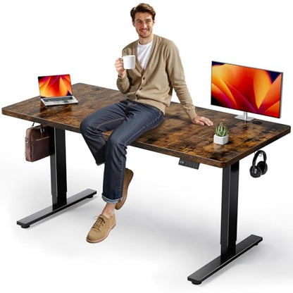 Brown 63x30 in Electric Standing Desk, 1 Inch Thick Tabletop | Double Beam Frame, Holds 220lbs, Sit Stand, 3 Memory Height Adjustment, Extra Deep Table Top, Black Frame - color: Rustic Brown Top / Black Frame, size: 63 x 30 Inch