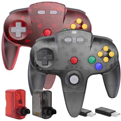 2 Pack Wireless N64 Controller for Switch 1 & 2, N64 Console, Gunmetal/Red | (Built-in Vibration) (Rechargeable) (3D Analog Stick), 2.4 GHz USB & N64 Receiver Made for Switch Online, Windows PC, macOS - color: Two Pack Gunmetal Grey/Clear Red