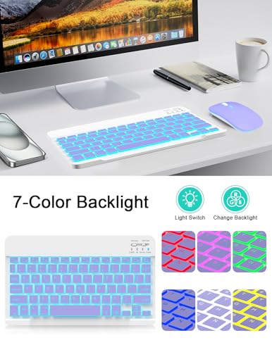 LAMA 7 Colors Backlit Bluetooth Keyboard and Mouse Combo for iPad Pro/Air/Mini, Ultra-Slim Rechargeable Wireless Keyboard and Mouse for iPhone 15/14/13 Pro/Samsung/PC/Laptop/iOS/Windows/Android,PL - color: Purple