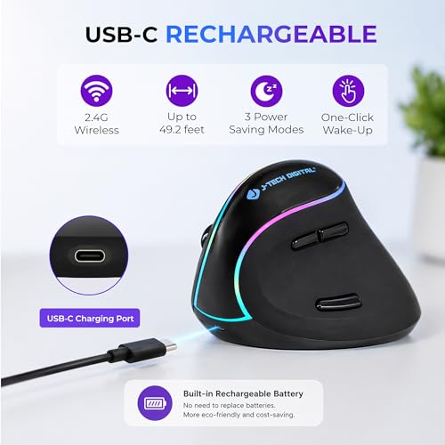 J-Tech Digital Ergonomic Mouse with Wireless Connection, Removable Palm Rest, Thumb Buttons, Rechargeable Battery, 800 DPI, Compatible with Windows and MAC OS - style: Wireless
