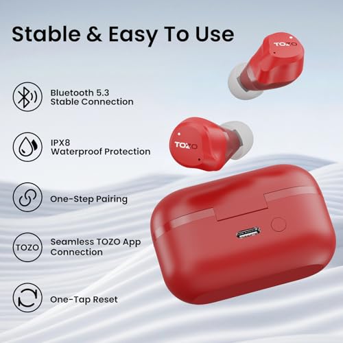 TOZO NC9 Hybrid Active Noise Cancelling Wireless Earbuds, 60H, LED Display | 6 Mic ENC Clear Calls, Deep Bass Sound, IPX8 Waterproof, in Ear Bluetooth 5.3 Headphones,32 EQs via APP, Comfort Fit Ear Buds - color: Red