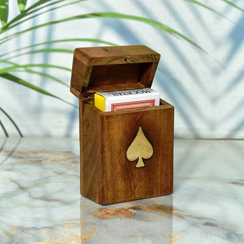 Playing Cards Holder, Handmade Wooden Card Storage Box with Brass Inlay Design, Anniversary Birthday Gifts "Made in India" (Design 3) - color: Design 3