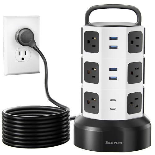 Power Strip Tower Surge Protector, JACKYLED 1625W 13A Outlet Surge Electric Tower, 12 Outlets 6 USB Ports Charging Station with 16AWG 15ft Heavy Duty Extension Cord for Home Office Dorm - color: White Black, size: Medium-15ft