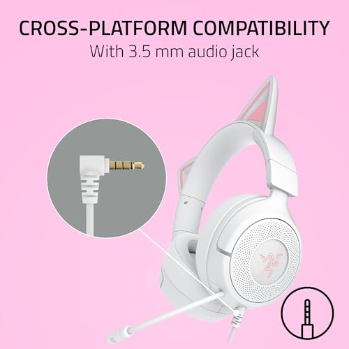Razer Kraken Kitty V3 X Wired Gaming Headset, Kitty Ears, White | HyperClear Cardioid Mic, 40 mm Drivers, 7.1 Surround Sound, Comfy Ear Cushions, Cross-Platform via 3.5mm PC, PS5, Xbox - color: Mercury White