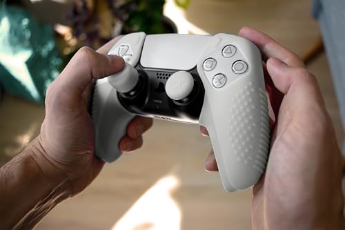 SensePro PS5 Controller Skin Grip, Anti-Slip Studded, PS White | Dock Compatible, Soft Gel Silicone Cover for Playstation 5 Dualsense, Rubber Protector, Raised Thumb Grip Caps - color: PS5 White