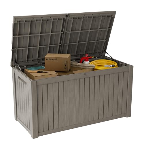 180 Gallon Deck Boxes Outdoor Waterproof, Outdoor Storage Box with Lockable Lid & UV-Resistant for Patio Furniture, Outdoor Cushions, Garden Tools and Pool Supplies, Light Brown - color: Light Brown, size: 180 GAL