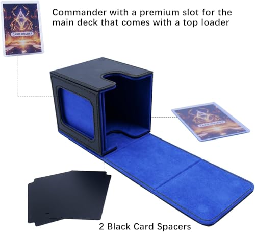 CMFYlive Card Deck Box with Commander Display, MTG Deck Box Fits 100+ Double Sleeved Cards, PU Leather Cards Storage Box TCG Card Storage Box with 2 Dividers and 1 Toploader (Black&Blue) - color: Blue 1