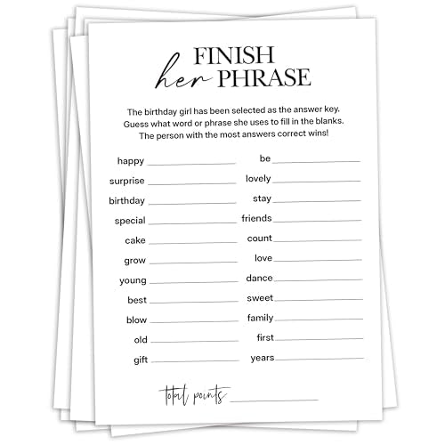 Birthday Party Games, Finish Her Phrase, 25 Pcs Card Set for Guests, Fun Birthday Game for Teen Adults – A01 - color: Finish Her Phrase